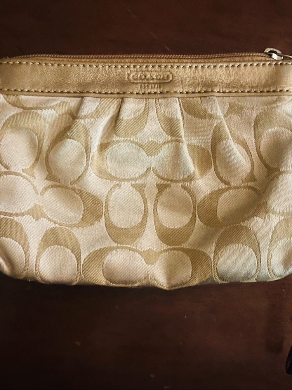 Coach Beige Signature Canvas Wristlet with Gold Trim